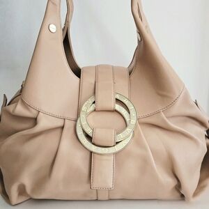 Authentic BVLGARI Chandra Ring Logo Nude Leather Sloutch Hobo‎ Tote Shoulder Bag